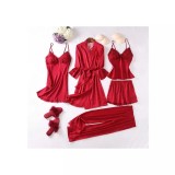 Cumpara ieftin Set Pijama De Dama 5 Piese Din Satin, Rosu - ANI112