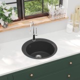 VidaXL Chiuvetă de bucătărie din granit cu o cuvă, negru, rotund
