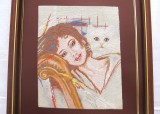 TABLOU GOBLEN CUSUT IN PUNCT MIC DUPA DIAGRAMA FEMEIE CU PISICA ALBA ,,REVERIE FELINA ,,