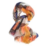 Esarfa portocalie din vascoza cu imprimeu multicolor