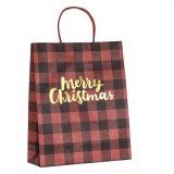Pungă Cadou Crăciun, Model Carouri, Imprimeu &quot;Merry Christmas&quot;, Culoare Roșu/Negru/Auriu, Dimensiune 26x10x32cm