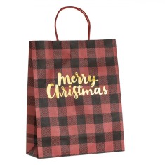 Pungă Cadou Crăciun, Model Carouri, Imprimeu &quot;Merry Christmas&quot;, Culoare Roșu/Negru/Auriu, Dimensiune 26x10x32cm