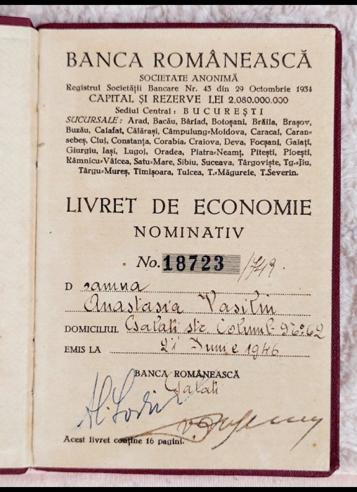 Livret de economie nominativ - Banca Romaneasca 1946