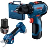 Bosch GSR 12V-30 + Pro Pruner - Masina de gaurit si insurubat cu 2 acumulatori Li-Ion 12 V 2 Ah 30 Nm valiza plastic + Foarfeca de gradina pentru cren