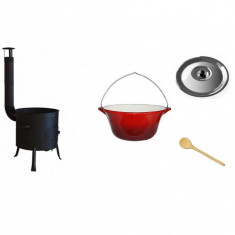 Set ceaun fonta emailat 15lit. cu soba 36cm, lingura de lemn 40cm cu capac Handy KitchenServ