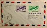 SUA &ndash; Cehoslovacia 1946, plic Air Mail circulat cu timbre aviație 10&cent; și 20&cent;, Van Nuys (California)