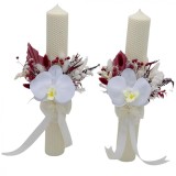 Set lumanari fagure personalizabile, alb-grena, pentru nunta cu aranjament frontal cu orhidee real touch si plante naturale uscate, 40 cm, Eventissimi&reg;