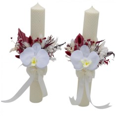 Set lumanari fagure personalizabile, alb-grena, pentru nunta cu aranjament frontal cu orhidee real touch si plante naturale uscate, 40 cm