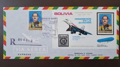 ZEPPELIN 1975 Bolivia Bl58 zbor inaugural Concorde plic numerotat PERFECTA RAR foto