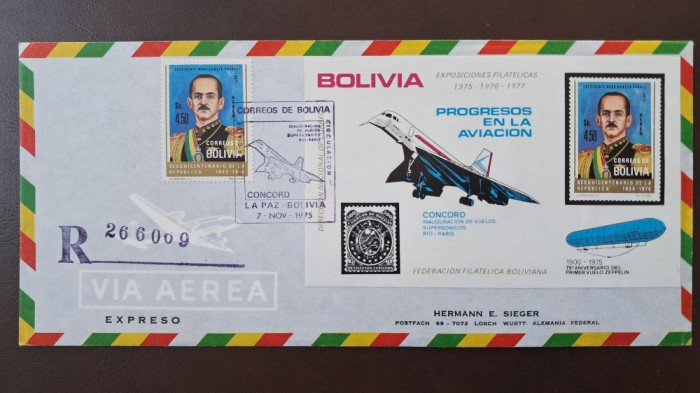 ZEPPELIN 1975 Bolivia Bl58 zbor inaugural Concorde plic numerotat PERFECTA RAR