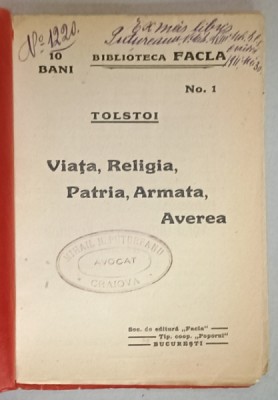 VIATA , RELIGIA , PATRIA , ARMATA , AVEREA de TOLSTOI , 1911 foto