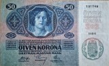 Bancnota 50 COROANE 1914 - Austro-Ungaria , circulată &icirc;n Transilvania, Bucovina, scrie in rom&acirc;nă CINCIZECI COROANE