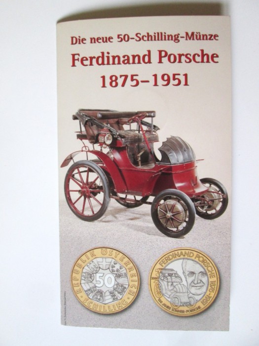 Austria 50 Schilling 2000 UNC,moneda comemorativa Ferdinand Porsche in folderul de prezentare
