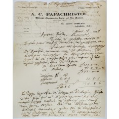SCRISOARE COMERCIALA EXPEDIATA DE A.C. PAPACHRISTOU , NEGUSTOR LONDONEZ DE BLANURI , UNUI CLIENT BUCURESTEAN , 7 MAI 1937