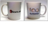 Cana alba din ceramica, 400 ml, cu sigla Librarie.net si Centenar 100 Romania