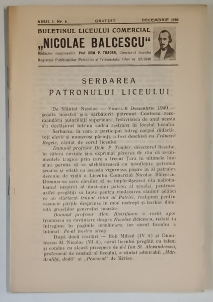 BULETINUL LICEULUI COMERCIAL NICOLAE BALCESCU , ANUL I , NUMARUL 8 , DECEMBRIE , 1940