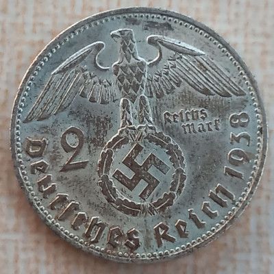 (A583) MONEDA DIN ARGINT GERMANIA - 2 REICHSMARK MARK 1938, LIT. B, NAZISTA foto