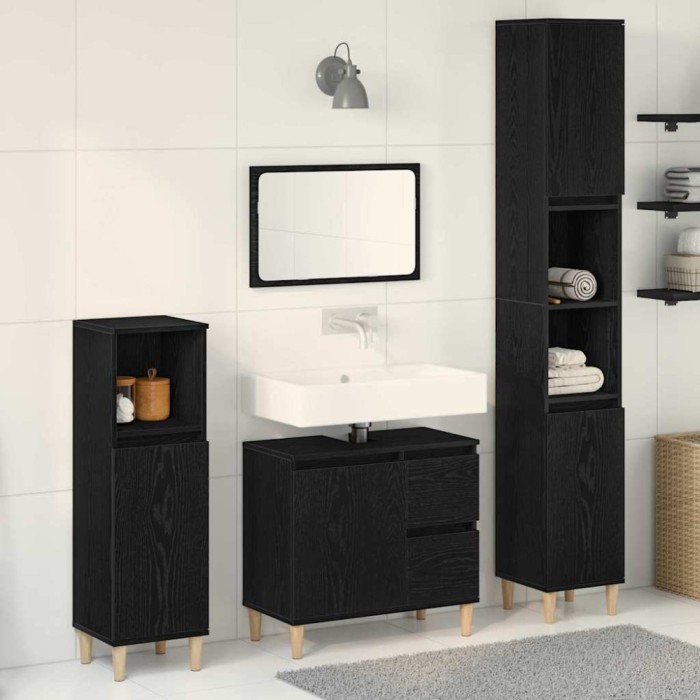 vidaXL Set de Dulapuri pentru Baie &icirc;n 3 Piese Stejar Negru Din Lemn Prelucrat