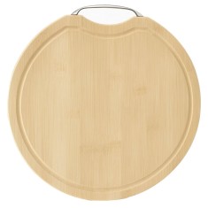 Tocator de bucatarie gros Pufo din lemn de bambus cu maner din metal, rotund, maro, 36 cm