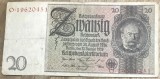 BNKSTR02DE Bancnotă Germania 20 Reichsmark 1929, Serie Roșie, Stare F (Bună, Margini &Icirc;ntregi, Fără Rupturi Majore)