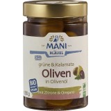 Masline verzi si Kalamata Mani in ulei extravirgin cu lamaie si oregano, Ecologice, 280g