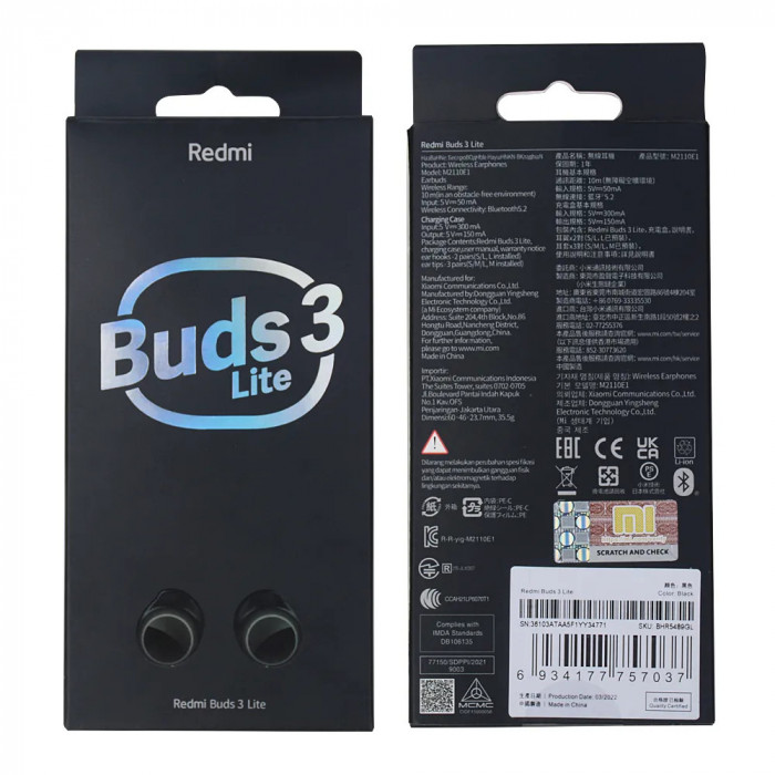 Casti cu Bluetooth redmi buds 3 Lite, USB, Negru, Sigilat