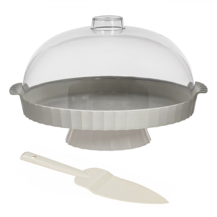 Suport Prajituri, 30cm, Picior 5.5cm, Capac Transparent Bej, Spatula Inclusa