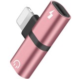 Cumpara ieftin Mini Adaptor Lightning Splitter iUni dual port, pentru casti si incarcare iPhone, Rose Gold