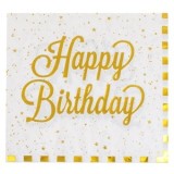 Servetele de masa albe Happy Birthday CMCLASS, 12 buc, 2 straturi, 33x33cm, folie aurie