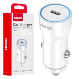 Incarcator auto USB-C 20W AMiO, alimentare rapida 12-24V DC, port USB-C, culoare alba, design compact pentru priza auto bricheta