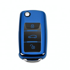 Husa Cheie Briceag VW Seat Skoda 3 Butoane, Albastra cu Butoane Negre, TPU AutoProtect KeyCars