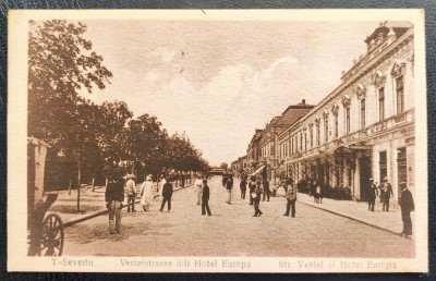 Turnu Severin - Str.Vestei si Hotel Europa, printata, animata, circulata la Timisoara, timbru detasat foto