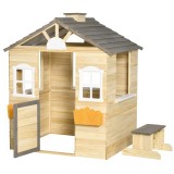 Outsunny Casa de Joaca din Lemn pentru Copii pentru Jocuri de Rol, cu Usa Functionala, Ferestre, Banca, Statie de Service, pentru Copii de 3-7 ani