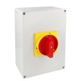 Intrerupator 125A 37kw 0-1 ON-OFF 3 poli IP65 254x180mm cu came industrial aplicat casetat cu maner galben rosu, KONCAR