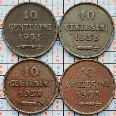 set 4 monede San Marino 10 centesimi 1935 1936 1937 1938 - km 13 - A032 foto