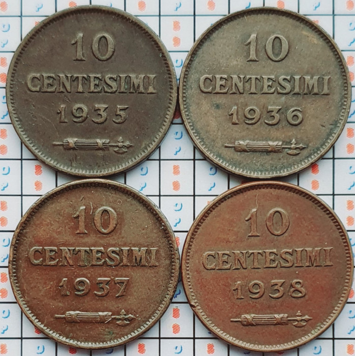 set 4 monede San Marino 10 centesimi 1935 1936 1937 1938 - km 13 - A032