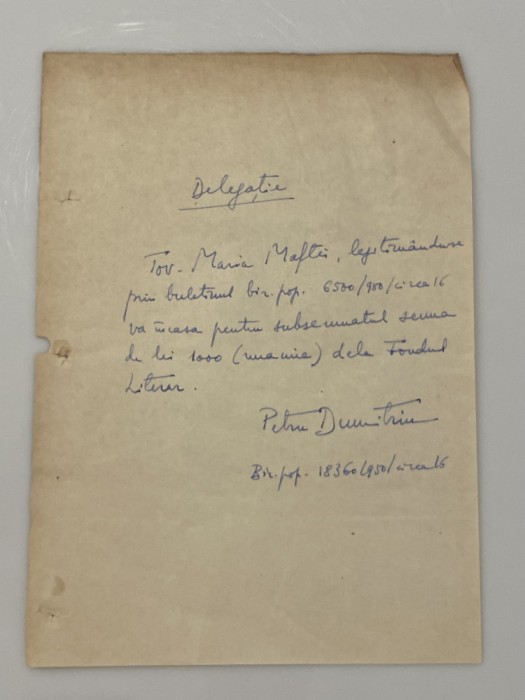 Petru Dumitriu - document vechi - manuscris, semnatura olografa