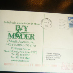Carte Postala circulata cu 50C -Reclama la Licitatie Filatelica SUA 1993
