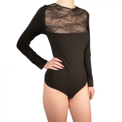 Body cu maneca lunga din bumbac si dantela BO425 - S - Negru - Clasic foto