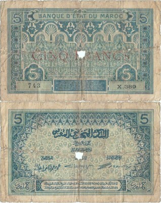 1921 , 5 francs ( P-8 ) - Maroc foto