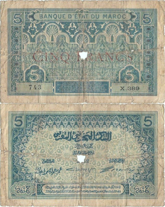 1921 , 5 francs ( P-8 ) - Maroc