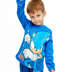 Pijama copii, cu maneca si pantalon lung, Sonic, 100% Bumbac, Albastru