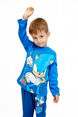 Pijama copii, cu maneca si pantalon lung, Sonic, 100% Bumbac, Albastru foto