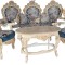 Set baroc living din lemn masiv alb cu tapiterie albastra din catifea CAT402
