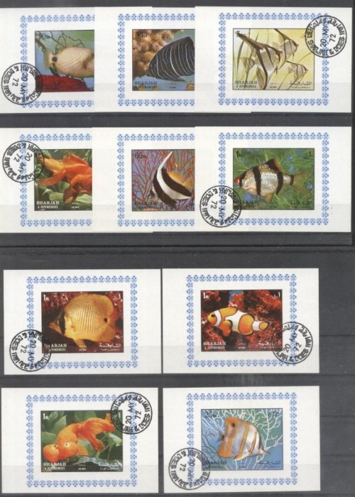 Sharjah 1972 Fishes, 2 sets, 10 imperf. mini sheet, used T.188