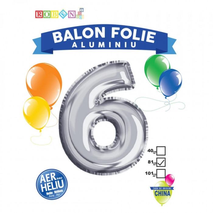 Balon, folie aluminiu, argintiu, cifra 6, 81 cm