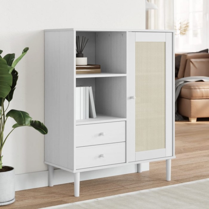 Dulap &icirc;nalt SENJA aspect ratan alb, 90x40x112cm, lemn masiv pin