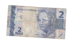 Bancnota Brazilia 2 reais 2010 (seria DF 2016), circulata, uzata