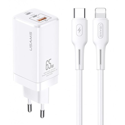 Incarcator Retea cu cablu Lightning Usams GaN, 1 X USB - 2 x USB Tip-C, Quick Charge, 65W, Alb MTXLOGTL02 foto