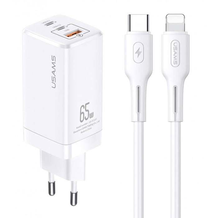 Incarcator Retea cu cablu Lightning Usams GaN, 1 X USB - 2 x USB Tip-C, Quick Charge, 65W, Alb MTXLOGTL02